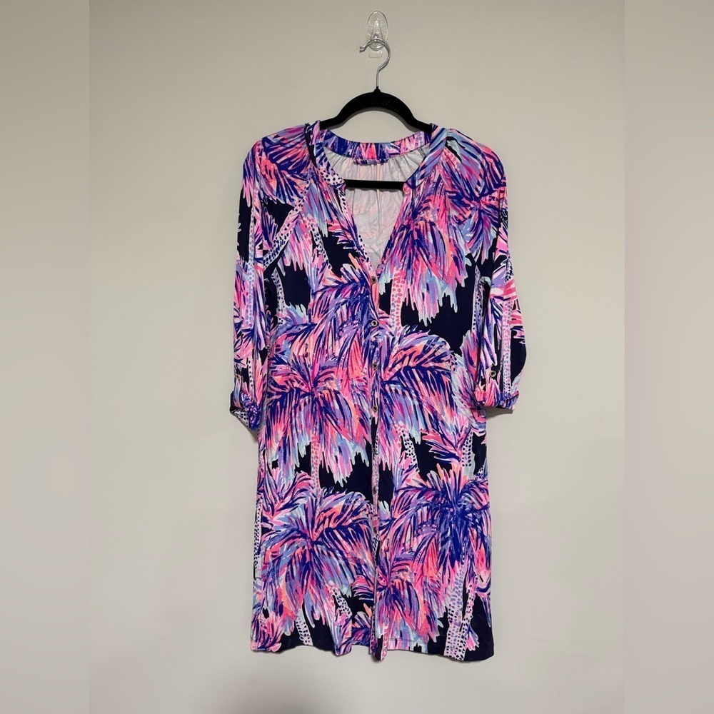 Lilly Pulitzer Bailor Bright Navy Palms Up Print Dress Tropical Cruise Resort